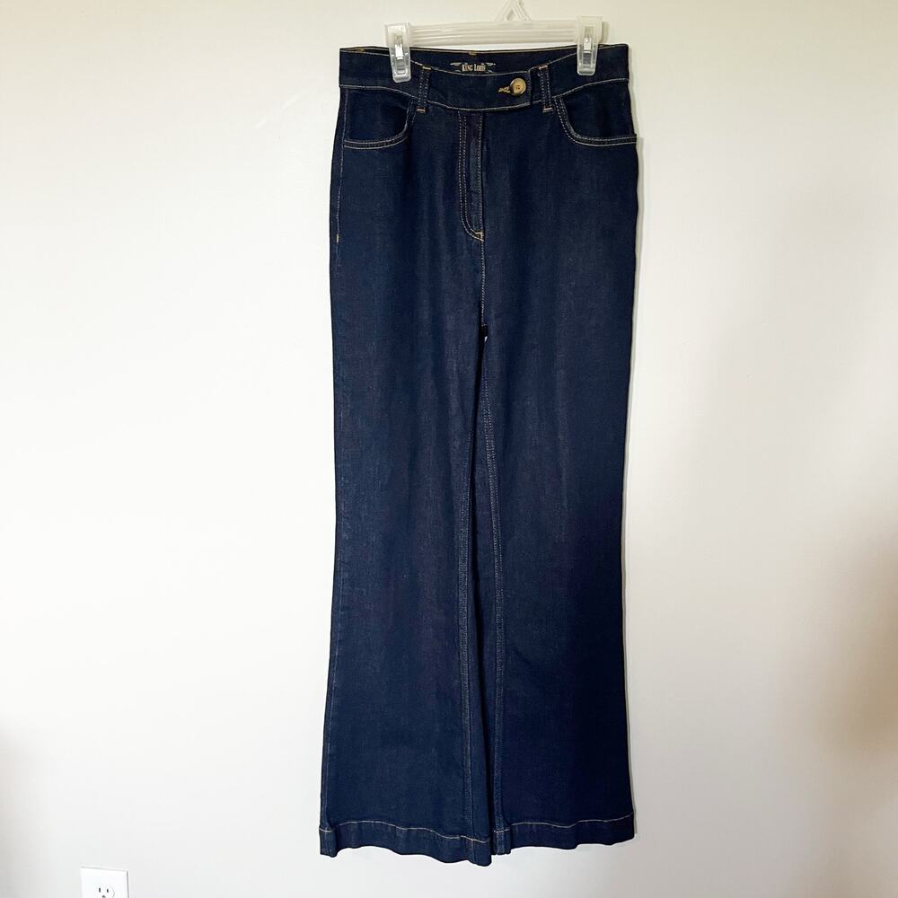 King Louie vintage inspired dark‎ wash super high rise wide leg bootcut jeans